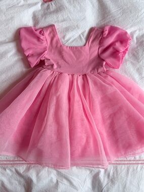 Holly & Bloom Pink Puff-Sleeve Tulle Party Dress for Girls